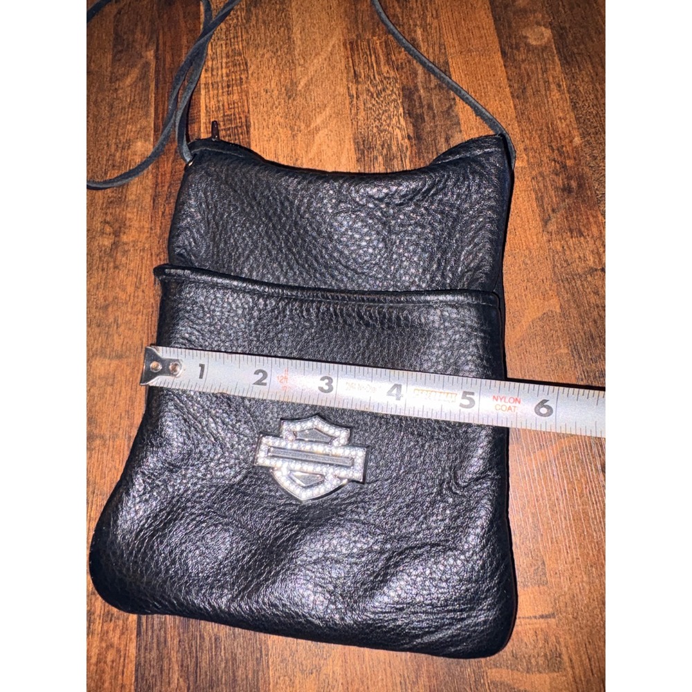 Harley Davidson Black Pebbled Leather Rhinestone Logo Crossbody Pouch Bag - Picture 3 of 6